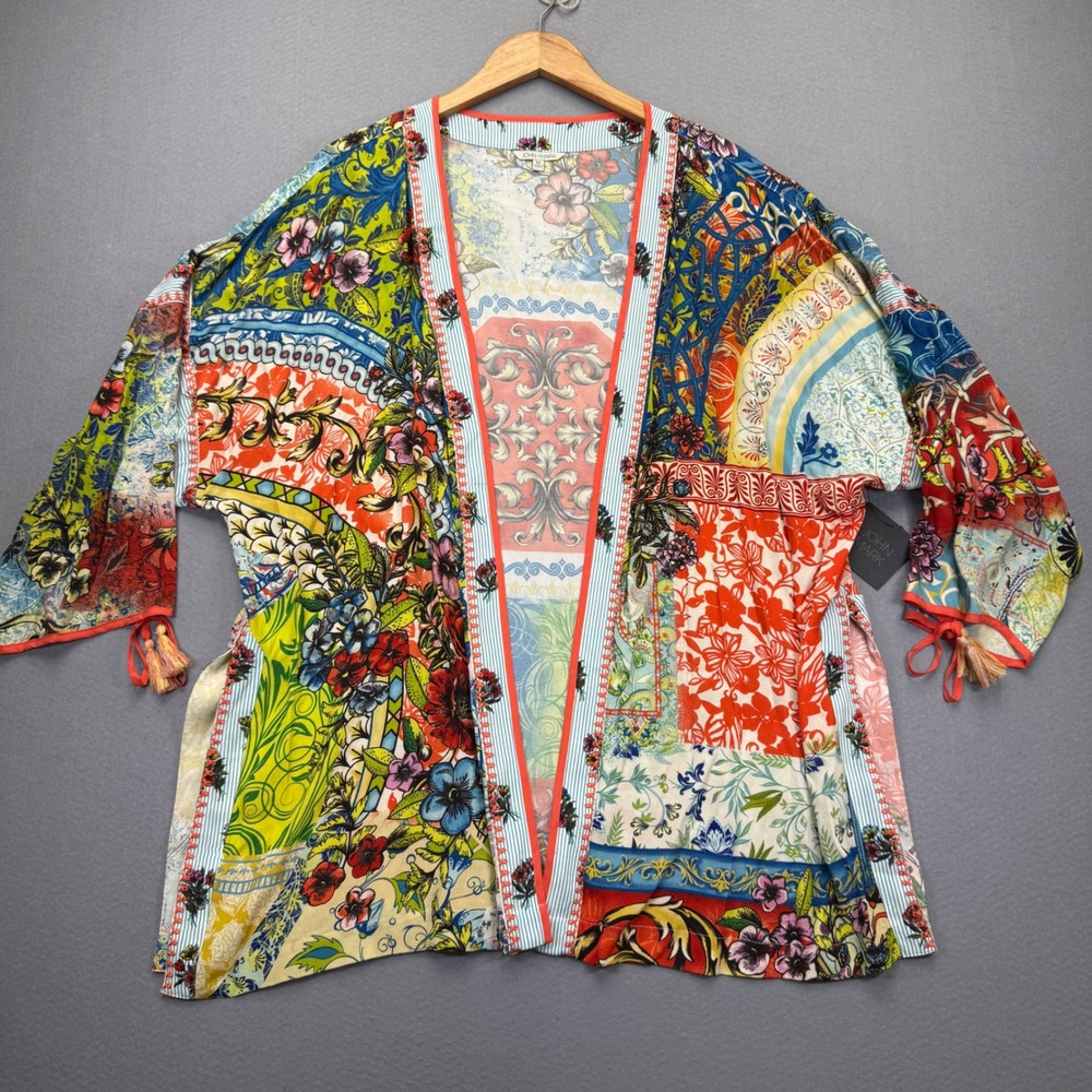John Mark Womens 1X Kimono Cardigan Multi Color Patchwork Floral Positano NEW‎